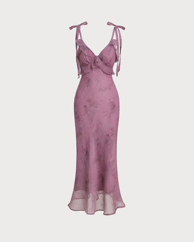Lila-Midikleid mit Blumenmuster und Rüschen Träger