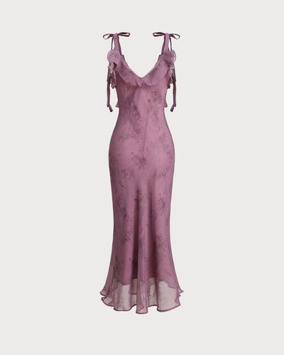 Lila-Midikleid mit Blumenmuster und Rüschen Träger