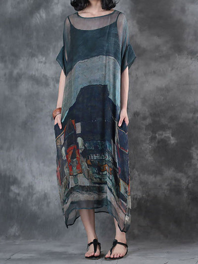 Plus Size–Sommerkleid mit kurzen Ärmeln und lockeren Prints (zweiteilig)