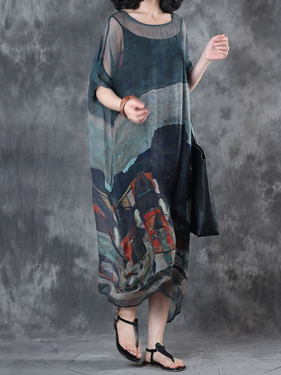 Plus Size–Sommerkleid mit kurzen Ärmeln und lockeren Prints (zweiteilig)