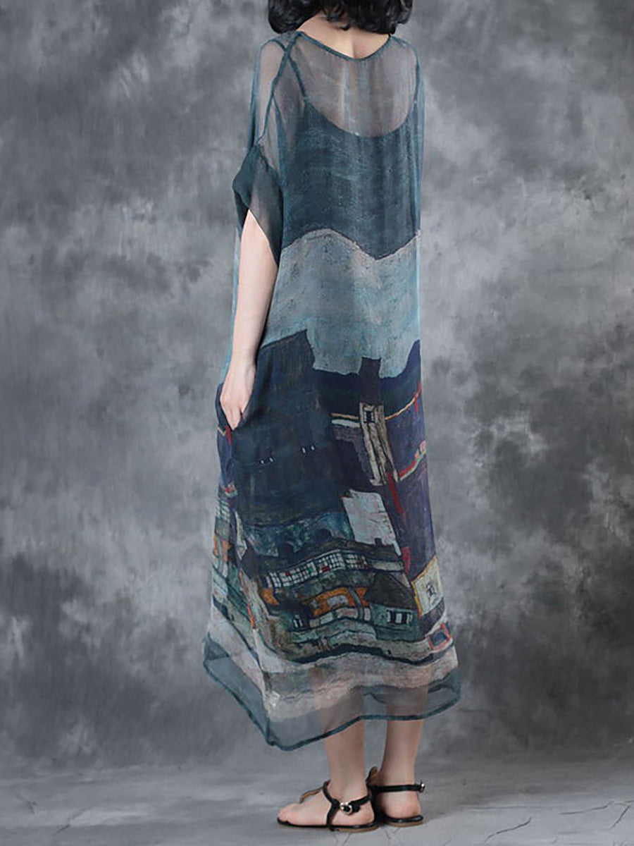 Plus Size–Sommerkleid mit kurzen Ärmeln und lockeren Prints (zweiteilig)