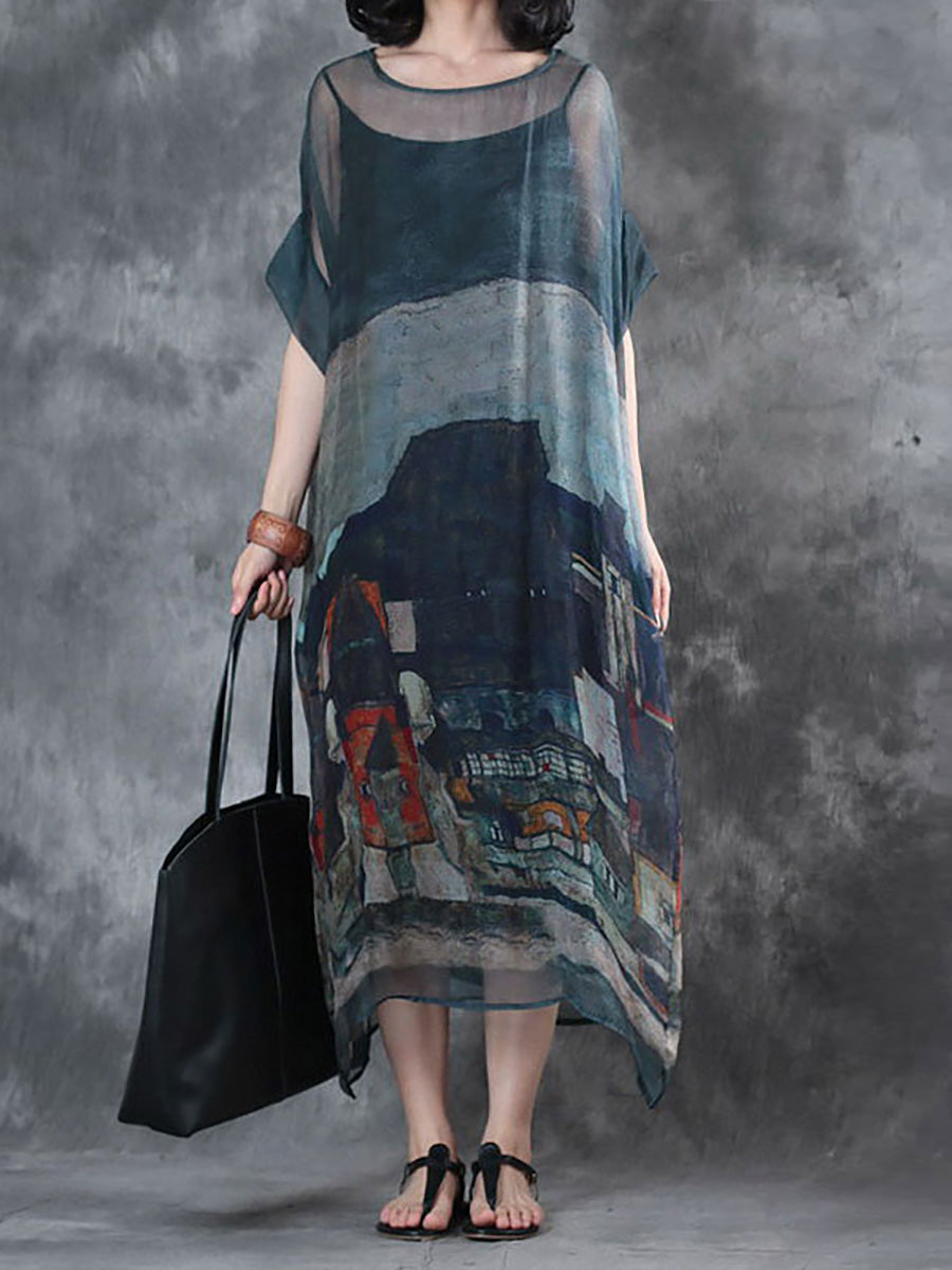Plus Size–Sommerkleid mit kurzen Ärmeln und lockeren Prints (zweiteilig)